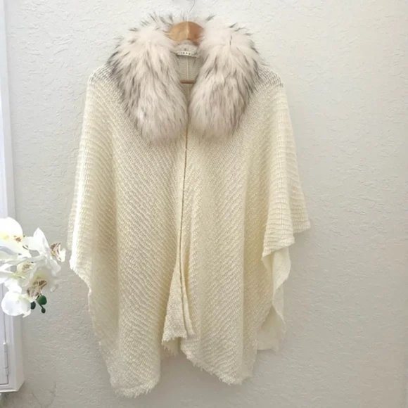 Alice + Olivia Fur Collar Poncho Shawl Open Sweater - Picture 7 of 7